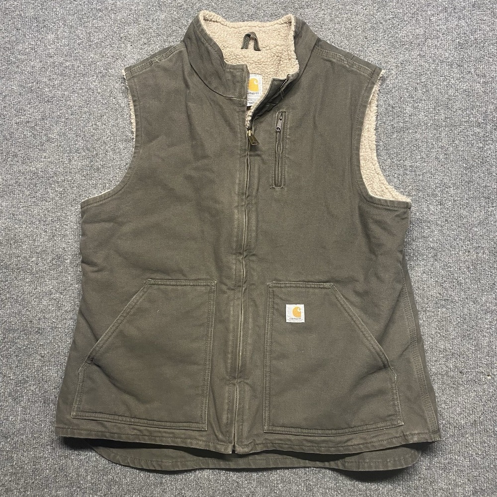 Carhartt Women's Sherpa Lined Zip Front Duck Brown Canvas Vest Size Large 12/14